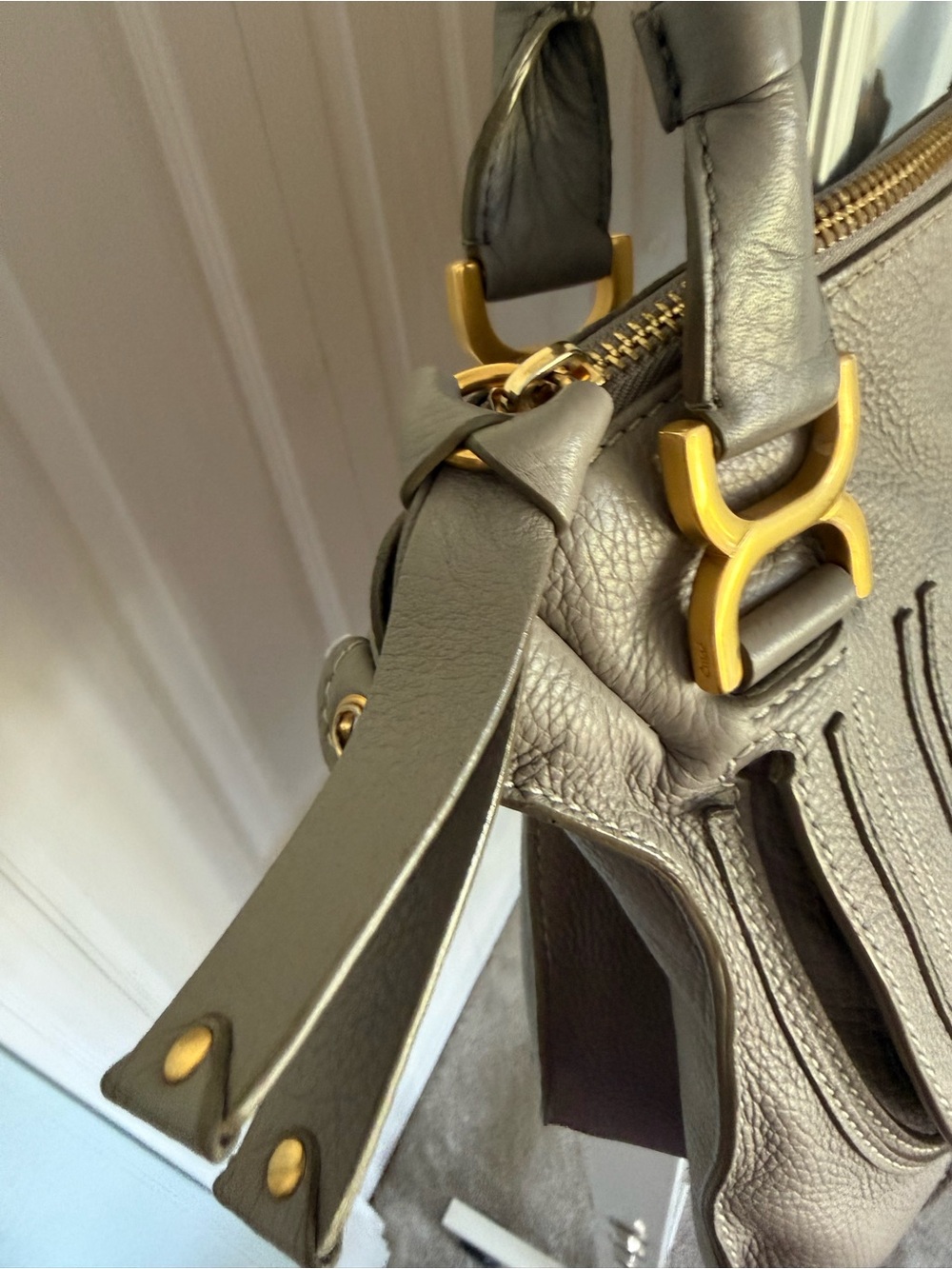 Chloe Marcie Taupe Pebbled Leather Satchel with Gold Hardware - Picture 7 of 16